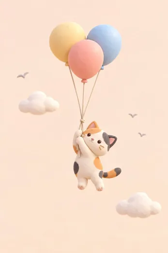UpsyCat: a kitten hanging from three balloons