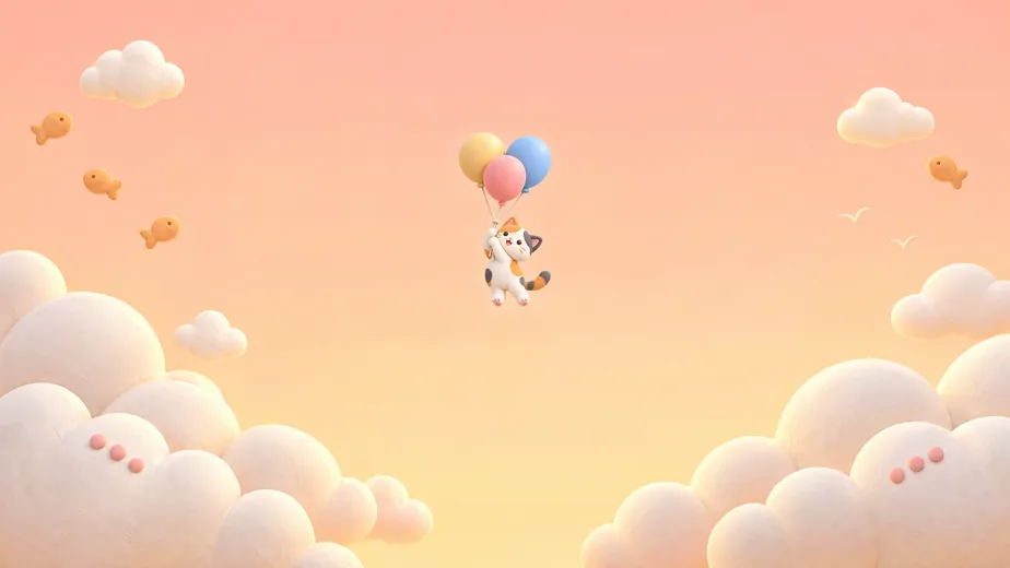 UpsyCat: a kitten floating over peach clouds