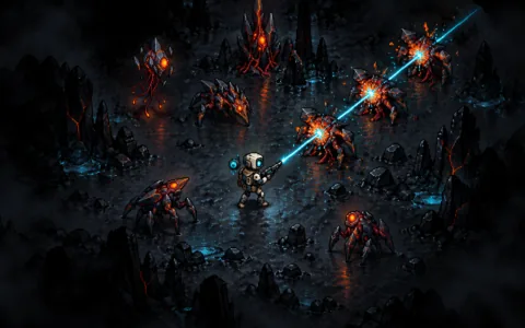 A small robot firing a beam at red creatures in the dark