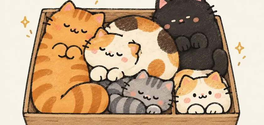 Five cats curled up together in a wooden box