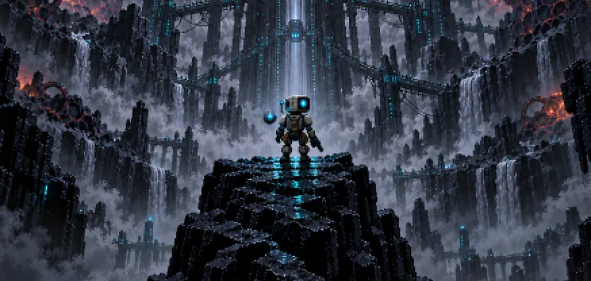 A small robot on a cliff, looking up at a dark machine-built world